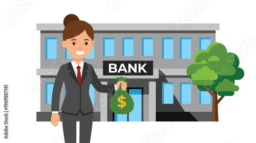 Smiling Professional Female Banker Holding Money Bag in Front of Bank Building for Loan and Investment Concept