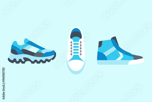 Collection of Modern Blue Athletic Sneakers and High Top Shoes Shown from Different Angles Including Side and Top View for Sport and Fashion Design Vector