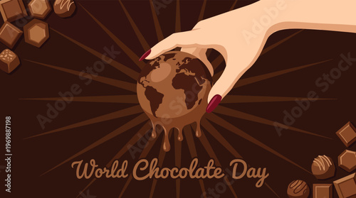 World Chocolate Day Banner with Melting Chocolate Earth Globe and Gourmet Cocoa Pralines for Global Sweet Celebration