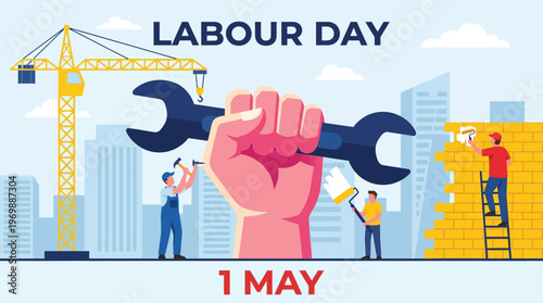International Labour Day Illustration with Workers Construction Crane and Fist Holding Wrench for May First Celebration
