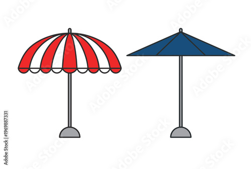 Set of colorful patio umbrella vector icons. Features red and white striped umbrella and solid blue umbrella. Outdoor shade protection symbols for summer recreation.