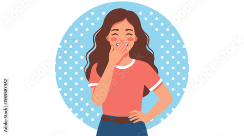 Happy Young Woman Laughing and Covering Mouth Flat Vector Illustration for Social Media Marketing and Wellness Content