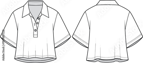 Technical Fashion Drawing: Polo Style Crop Top Fashion Illustration for Apparel Design, Ready to Wear Style, Front and Back View, Women's Fashion, Stylish and Contemporary