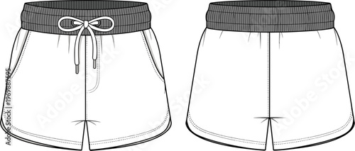 Technical Fashion Flat Sketch of Women's Running Shorts: Apparel Design Template for Activewear, Sportswear, and Casual Summer Wear with Detailed Waistband and Pocket