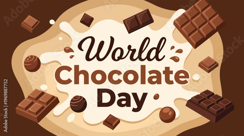World Chocolate Day Banner with Milk Splash and Assorted Dark and Milk Chocolate Bars for Sweet Food Marketing