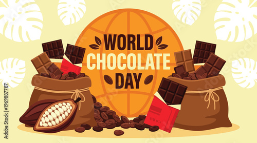 World Chocolate Day Celebration Graphic with Cocoa Beans and Chocolate Bars in Sacks for Food Marketing and Global Events