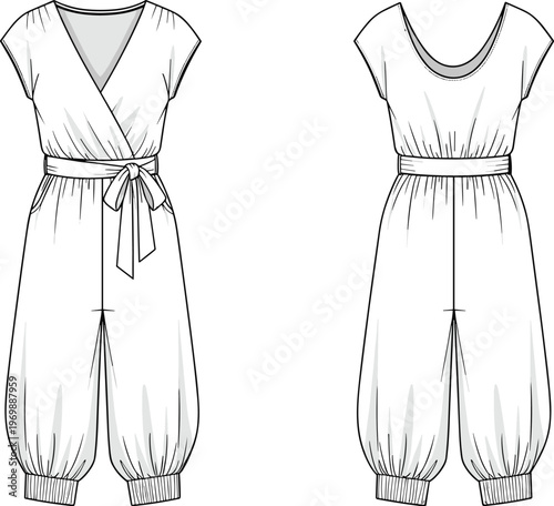 Technical Fashion Illustration of a Women's Jumpsuit with Front Wrap and Tie Belt, Featuring Relaxed Fit and Gathered Ankle Cuffs, Perfect for Fashion Design and Garment Mockups