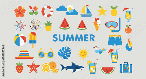 Summer elements sticker decoration, vector illustration