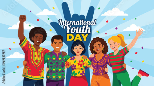 Diverse Happy Multicultural Young People Celebrating International Youth Day Together for Equality Community and Global Inclusion Campaign