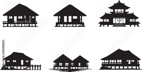 Tropical Island Houses Silhouette Set Bamboo Beach Hut Balinese Villa Bungalow Jungle Lodge Vector