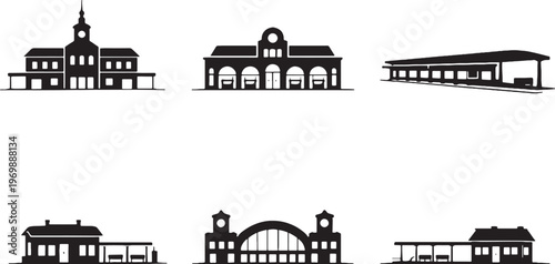 Train station silhouettes bundle, railway station architecture icons set, transit terminal buildings black silhouette collection