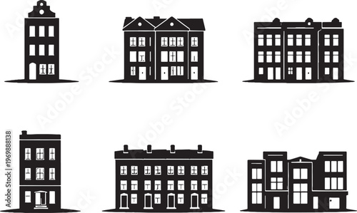 Urban townhouse silhouette bundle, city townhouse silhouettes set, rowhouse building icons, modern and classic urban residential houses isolated on white