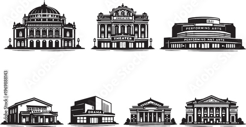 Theater Buildings Silhouette Set Opera House Performing Arts Vector Collection