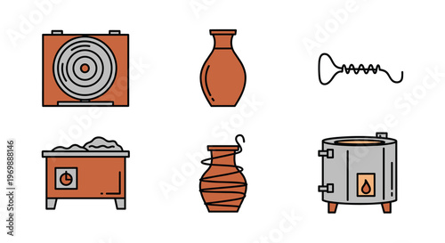 A set of six cartoon style illustrations of various pottery and ceramics tools and equipment, Generative AI.