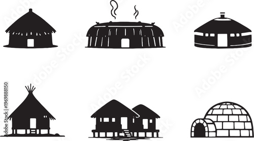 Tribal Indigenous Houses Silhouette Set African Hut Longhouse Yurt Igloo Amazon Pacific Architecture Vector