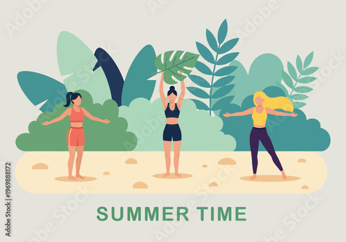 A girls enjoys a tropical summer vacation on the sand at sunset, featuring a palm leaves and the sands in this artistic vector illustration landscape