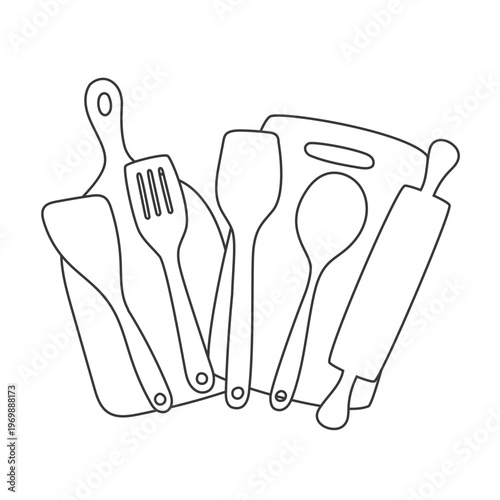 Minimalist line art illustration of essential kitchen utensils for cooking and baking. Ideal for recipe books, culinary blog headers and modern restaurant menu design.