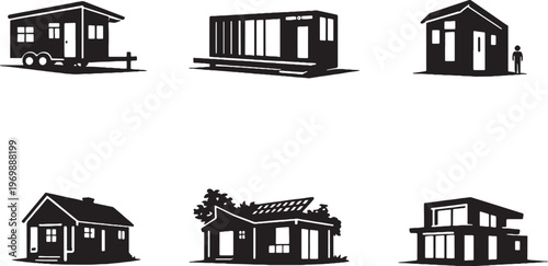 Tiny house silhouette bundle, small home silhouettes set, compact prefab mobile container house icons, minimalist eco houses isolated on white