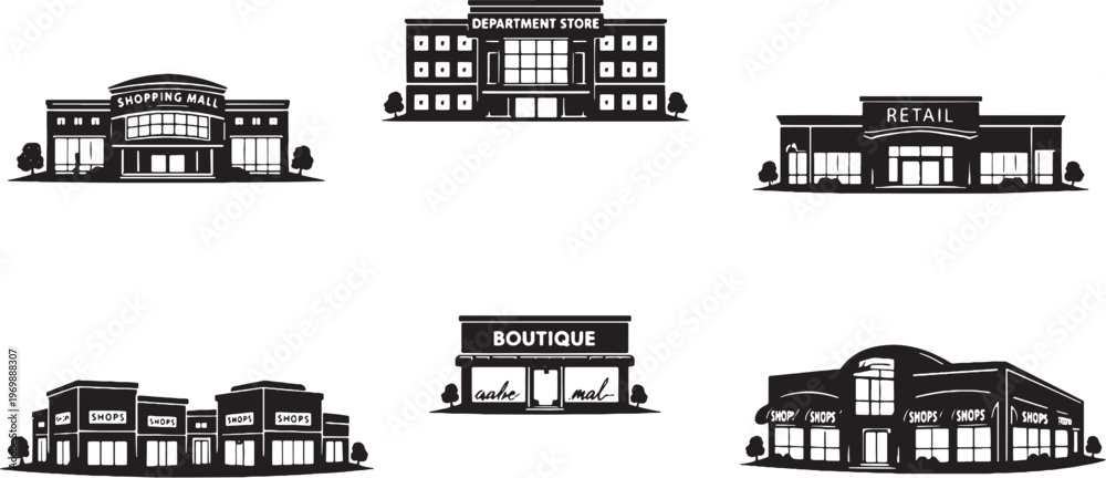 Fototapeta premium Shopping Buildings Silhouette Set, Mall, Department Store, Retail Plaza, Commercial Architecture Vector Collection