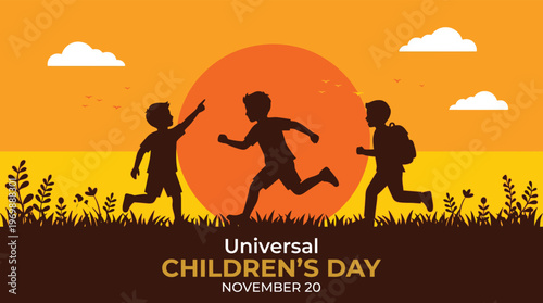 Turkish National Sovereignty and Childrens Day Illustration with Silhouettes of Kids Playing and Profile of Mustafa Kemal Ataturk