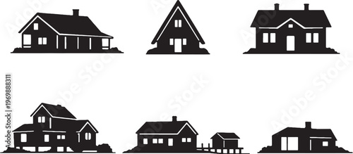 Scandinavian Houses Silhouette Set, Nordic Cabin Swedish Norwegian Coastal Minimalist Architecture Icons