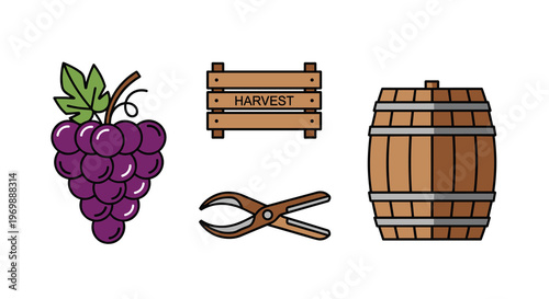 A set of colorful illustrations featuring a bunch of grapes a wooden sign with the word harvest a pair of pruning shears and a wooden barrel, Generative AI.