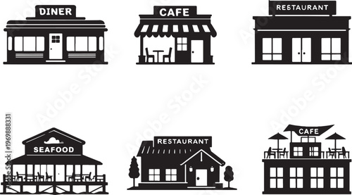Restaurant and cafe building silhouettes set diner cafe rooftop seafood restaurant black silhouette isolated on white