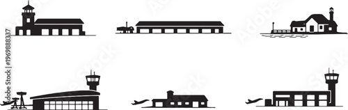 Port building silhouettes bundle, harbor architecture icons set, marina terminal warehouse coastal buildings black silhouette collection