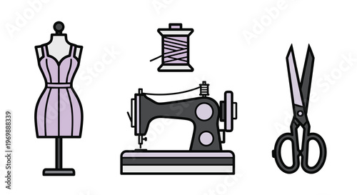 Vector illustration of sewing tools and dressmaking equipment including a mannequin dress sewing machine scissors and thread, Generative AI.