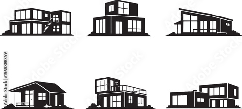 Prefab Houses Silhouette Set, Modular Cube Container Cabin Modern Prefabricated Architecture Icons
