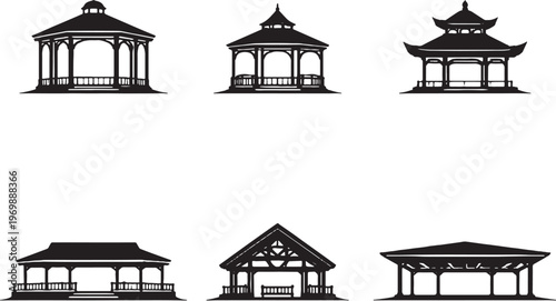 Park Pavilion Buildings Silhouette Set Garden Gazebo Asian Pavilion Outdoor Shelter Black Silhouette Collection