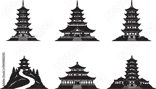 Pagoda Silhouette Set Asian Pagoda Tower Japanese Chinese Buddhist Temple Architecture Vector
