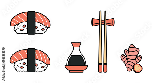 A colorful cartoon illustration of sushi and sushi making tools, Generative AI.