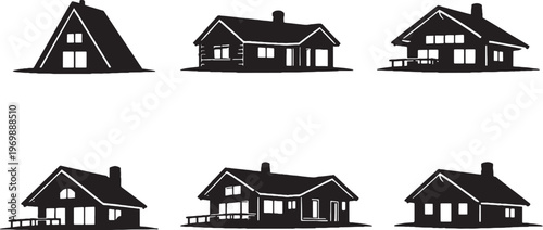 Mountain cabin silhouette bundle, alpine cabin house silhouettes set, log cabin chalet hut icons, rustic forest houses isolated on white