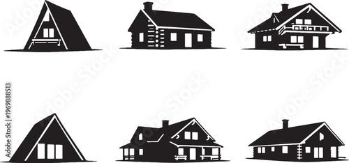 Mountain Cabins Silhouette Bundle Rustic Cabin Houses Set Alpine Chalet Lodge Icons Black Isolated Vector Illustration