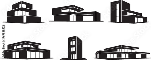 Modern minimalist house silhouette bundle, black architectural house icons set, modern villa townhouse building silhouettes isolated on white