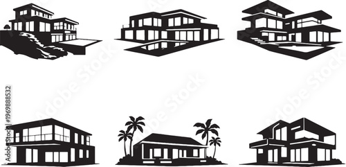Modern Luxury Villas Silhouette Bundle Premium Contemporary Villa Houses Set Designer Architecture Icons Black Isolated Vector