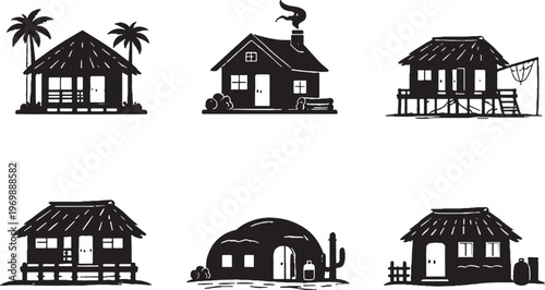 Hut and small shelter silhouettes set tropical bamboo rural huts black silhouette isolated on white