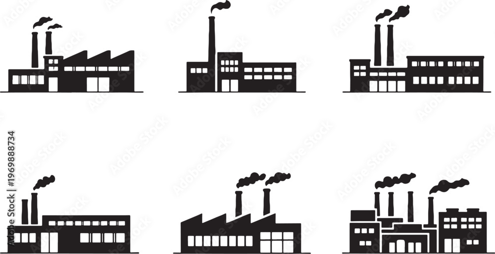 Obraz premium Factory building silhouettes bundle, industrial architecture icons set, manufacturing plant warehouse facilities black silhouette collection