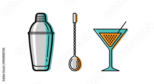 Colorful illustration of cocktail shaker strainer and martini glass with orange and green accents, Generative AI.