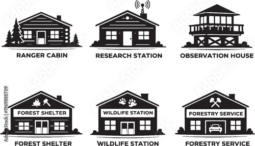 Forest Buildings Silhouette Set Ranger Cabin Wildlife Station Vector Collection