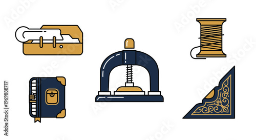 A set of four craft and sewing icons including a paper cutter spool of thread notebook and craft mat, Generative AI.