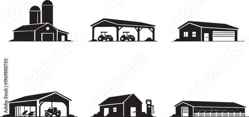 Farm building silhouettes bundle, agriculture utility architecture icons set, grain silo tractor shed farm facilities black silhouette collection