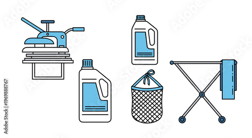 Vector illustration of laundry supplies including iron detergent bottles hamper and drying rack, Generative AI.