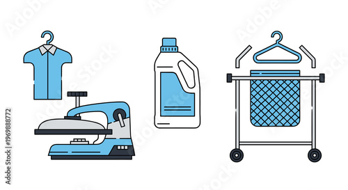 Vector illustration of laundry and cleaning icons including iron detergent and clothes on a hanger and drying rack, Generative AI.