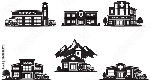 Emergency Service Buildings Silhouette Set, Fire Station, Police Station, Rescue Center Architecture Vector Collection