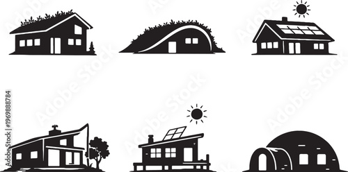 Eco Sustainable Houses Silhouette Set Green Roof Earth Shelter Passive Solar Modern Eco Cabin Vector