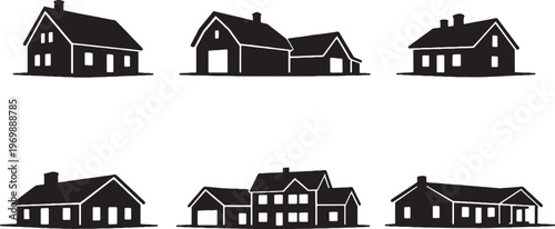 Country farmhouse silhouette bundle, rural house silhouettes set, farmhouse cottage barn house icons, rustic residential buildings isolated on white