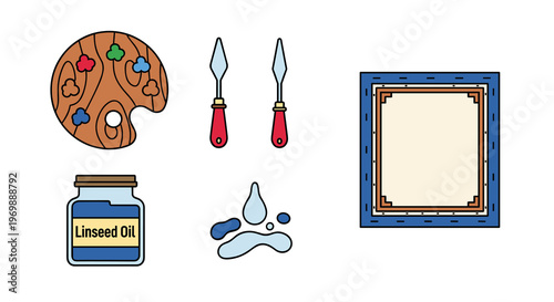 Vector illustration of painting supplies including palette knives linseed oil and frame, Generative AI.