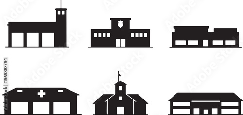 Emergency service building silhouettes bundle, fire station police station rescue center icons, emergency facilities architecture black silhouette set